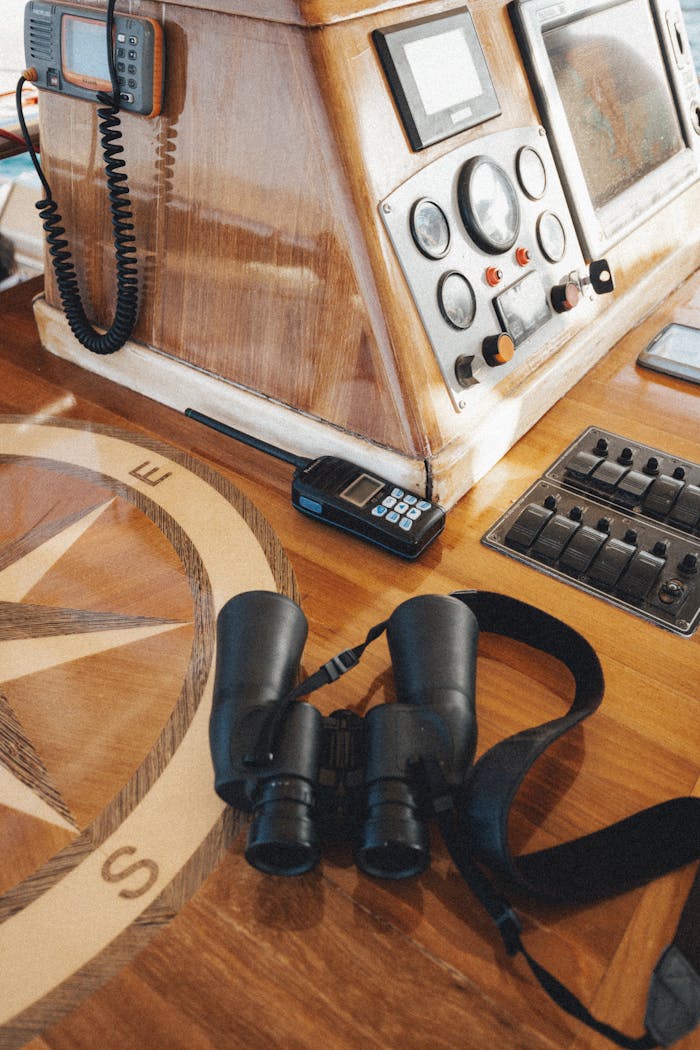 Close-up view of navigation tools on a ship's captain bridge including binoculars and compass.